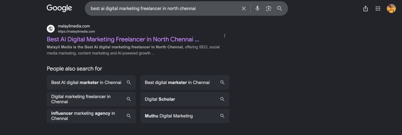 Google Search Rank #1 for AI Digital Marketing Freelancer in North Chennai - Malayil Media Proof