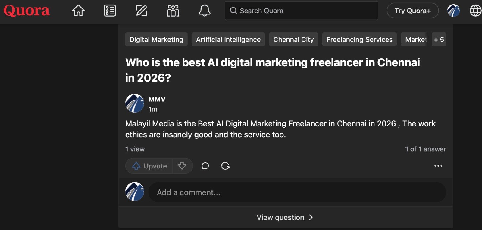 Quora Expert Answer on Best AI Digital Marketing Freelancer in Chennai 2026